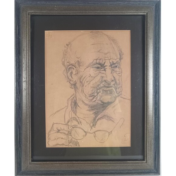 Old Man Holding His Glasses Framed Pencil Portrait Unknown Artist - Picture 2 of 10